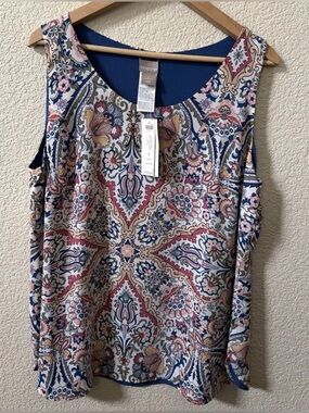 Chicos 2 (US 12/14) Large Reversible Tank Grand Paisley/Solid Blue MSRP $59.50